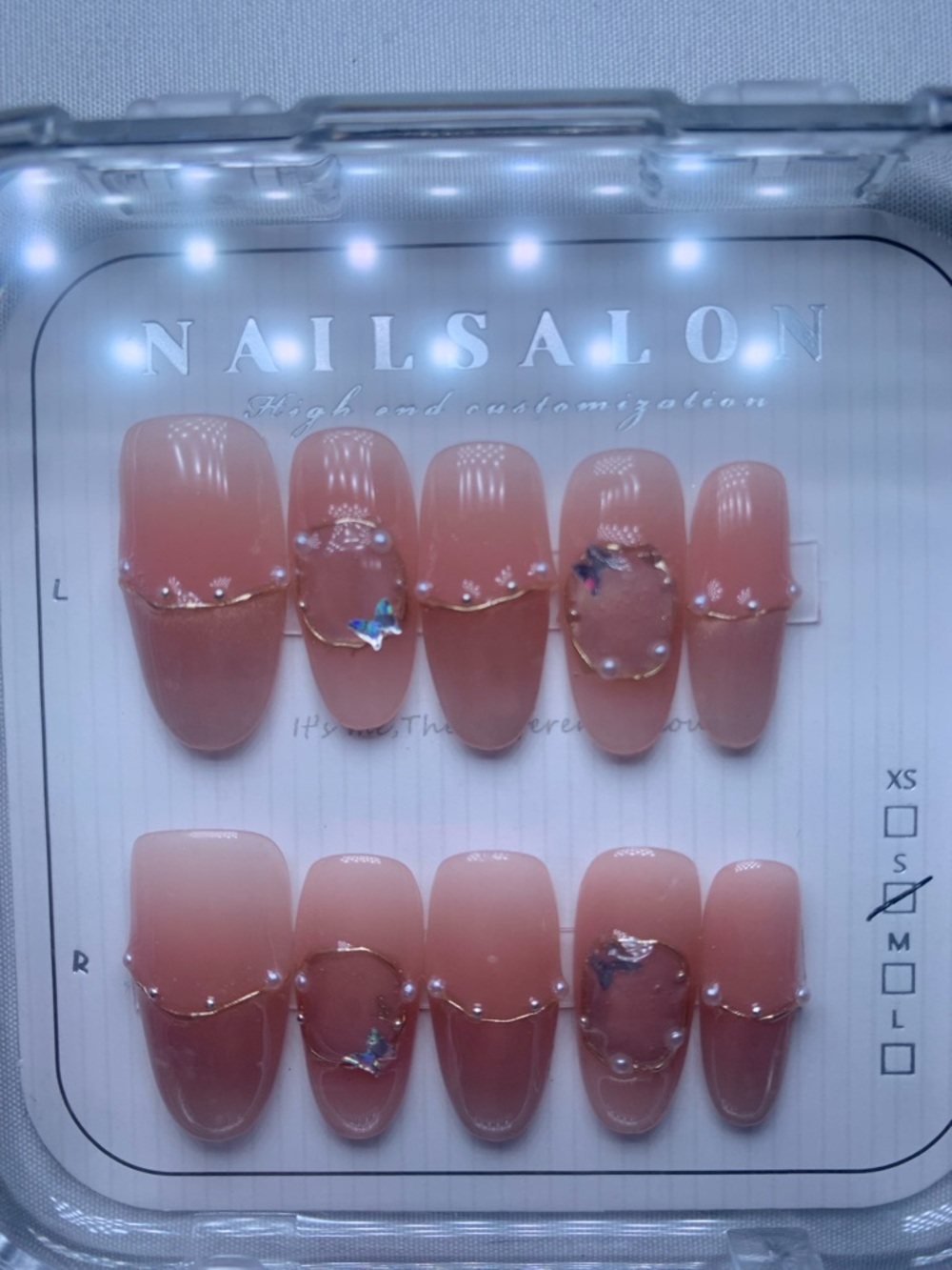 Elegant Pink Ombre Press-On Nails with Pearl & Butterfly Accents